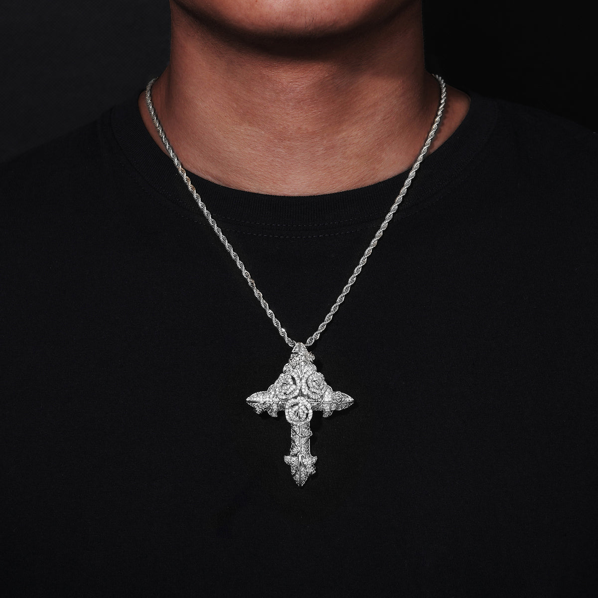 Cross Pendant Necklace with Rope Chain, Zircon Hip Hop Pendant Jewelry, Floral Geometric Statement Necklace product image