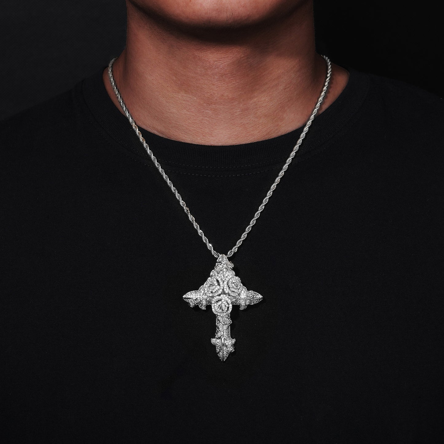 Cross Pendant Necklace with Rope Chain, Zircon Hip Hop Pendant Jewelry, Floral Geometric Statement Necklace product image