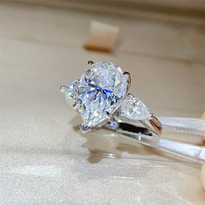 6 Carat Pear Cut VVS1 Moissanite Ring for Women, Three Stone Engagement Ring, D Color Statement Promise Ring