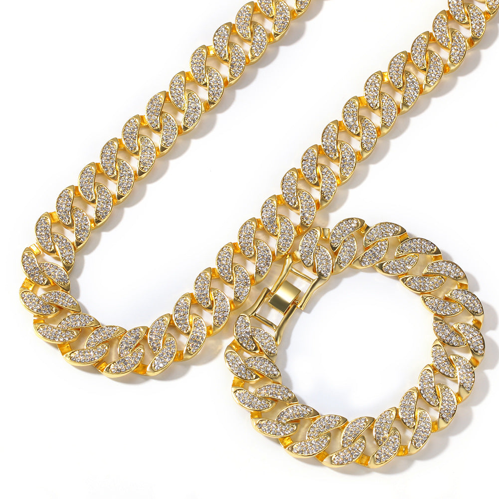 Iced Out Gold Tone Cuban Link Necklace & Bracelet Set for Women and Men