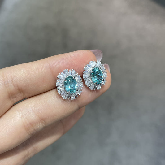 1.5 Carat Lab Grown Paraiba Stud Earrings, Oval Teal Blue Green Halo Earrings alternate product image