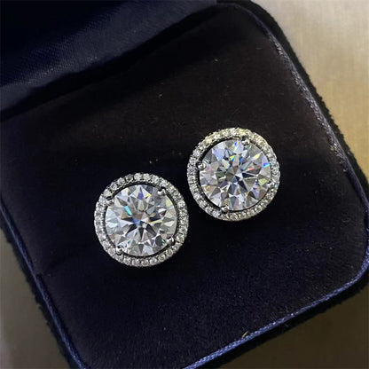 Round Cut Moissanite Stud Earrings with Halo, White Stone Earrings for Women