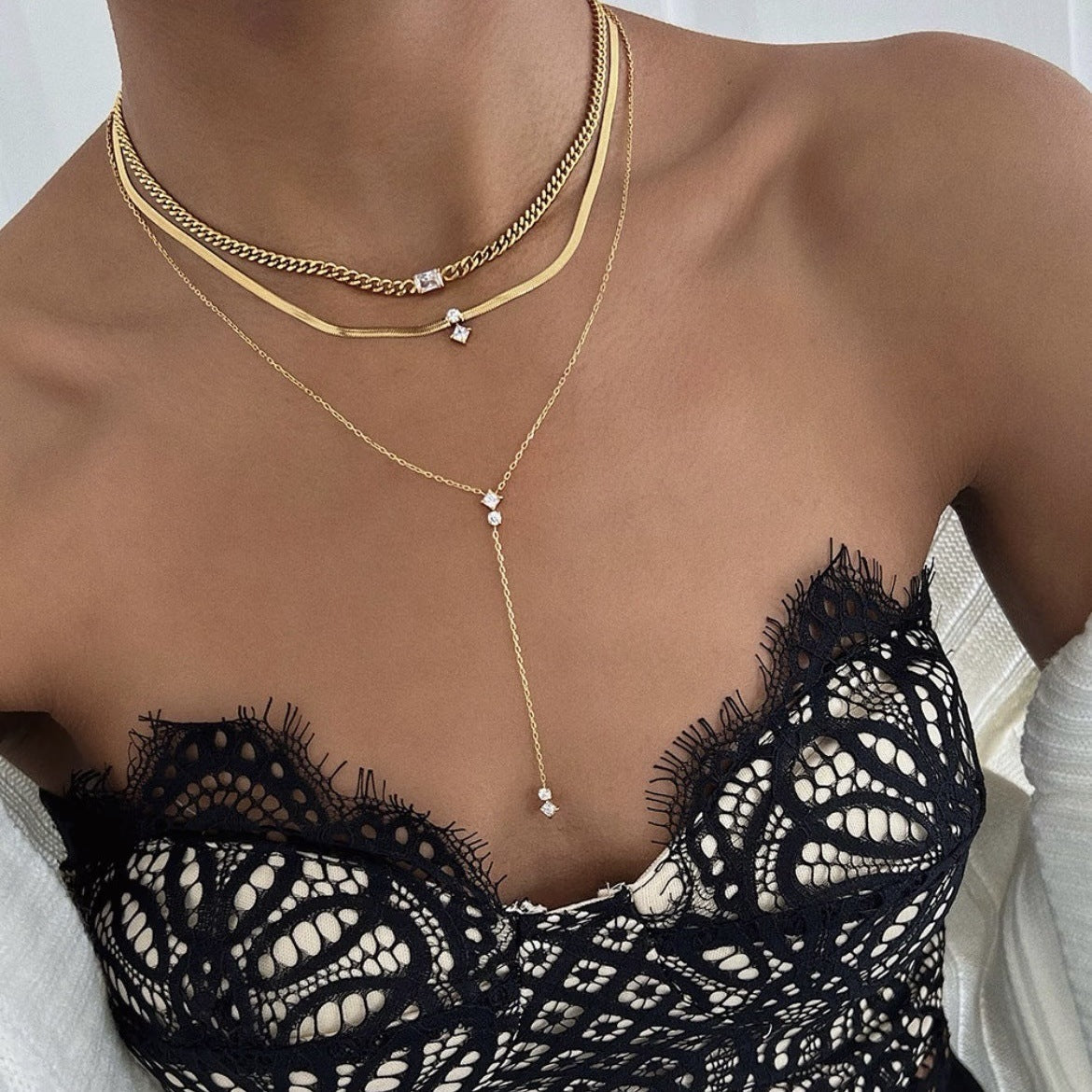 Layered Y Necklace for Women, 18k Gold Plated S925 Silver Crystal Drop product image