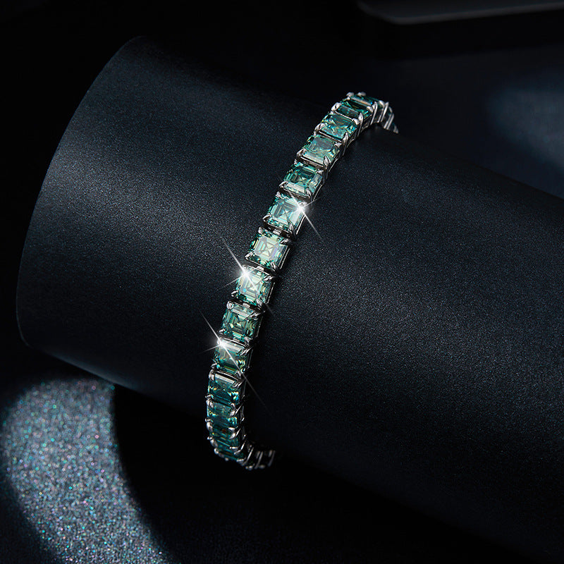 Unisex 5.5mm Blue-Green Square Moissanite Tennis Bracelet, Iced Out Hip Hop Jewelry product image