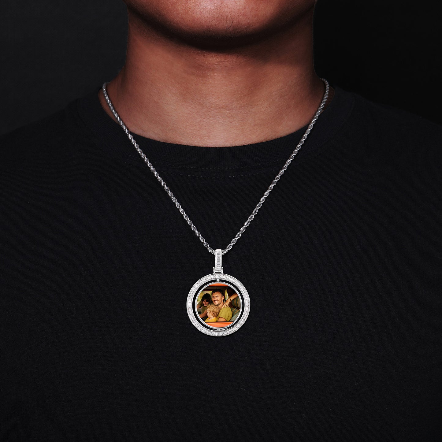 Iced Out Round Photo Pendant Necklace with Cubic Zirconia Rope Chain for Women and Men product image
