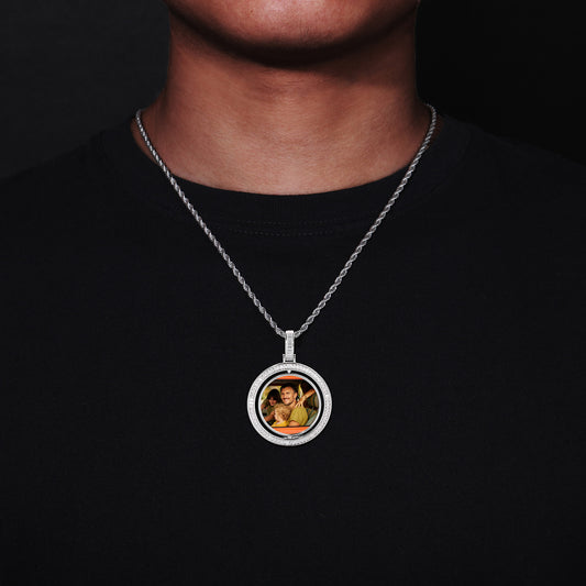Iced Out Round Photo Pendant Necklace with Cubic Zirconia Rope Chain for Women and Men alternate product image