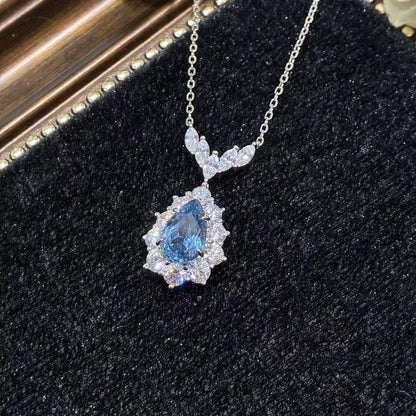 Blue Teardrop Spinel Pendant Necklace, Floral Halo Sparkling Gem Necklace