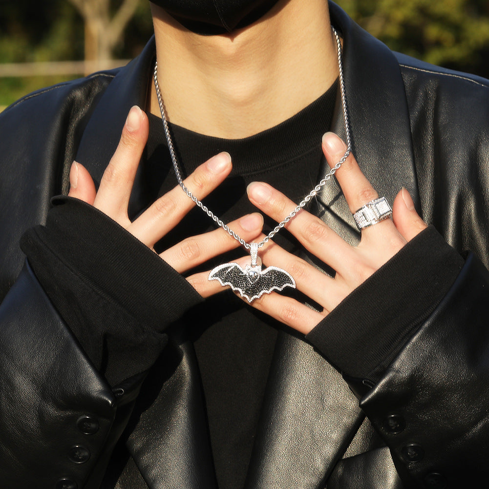 Bat Pendant Necklace for Women, Silver Black Cubic Zirconia Statement Chain Necklace, Hip Hop Gothic Jewelry
