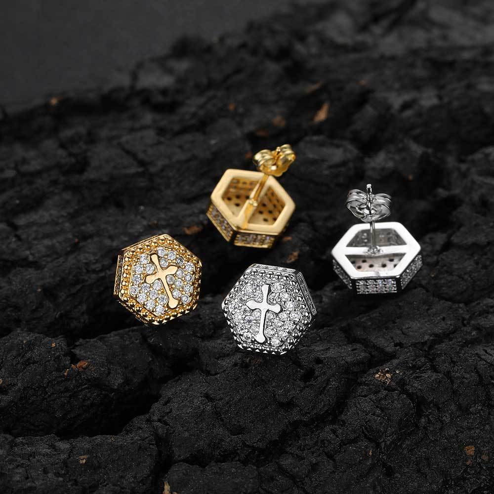 Hexagon Cross CZ Stud Copper Earrings in Selectable Colors and Sizes - EAR022 product image
