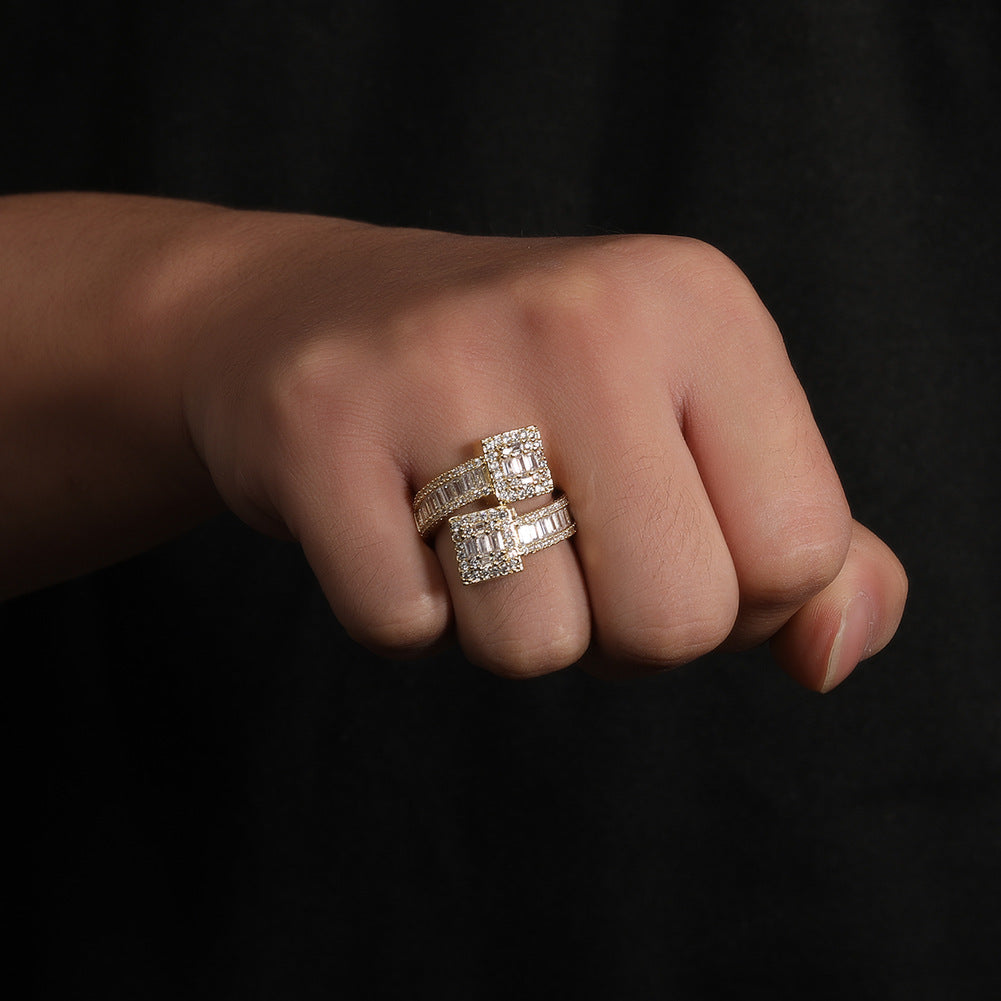 Unisex Square Halo Cubic Zirconia Ring in Gold or Silver Tone, Hip Hop Statement Band