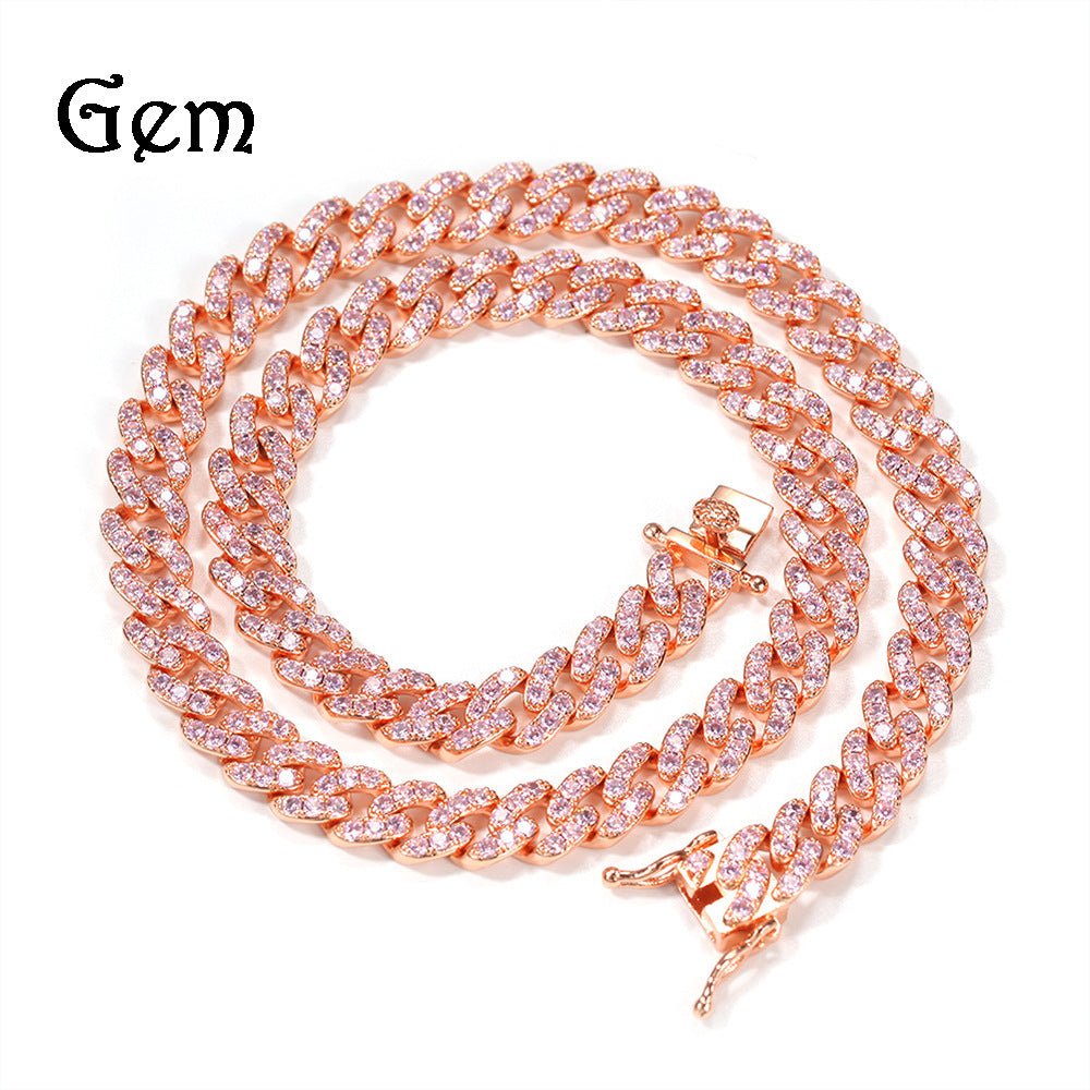 Pink & Clear Cubic Zirconia Cuban Link Necklace Bracelet & Anklet Set for Women and Men, Rose Gold Plated Statement Chain Jewelry