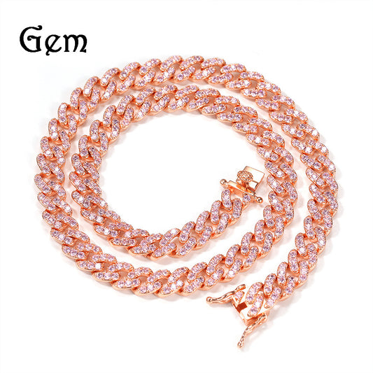 Pink & Clear Cubic Zirconia Cuban Link Necklace Bracelet & Anklet Set for Women and Men, Rose Gold Plated Statement Chain Jewelry