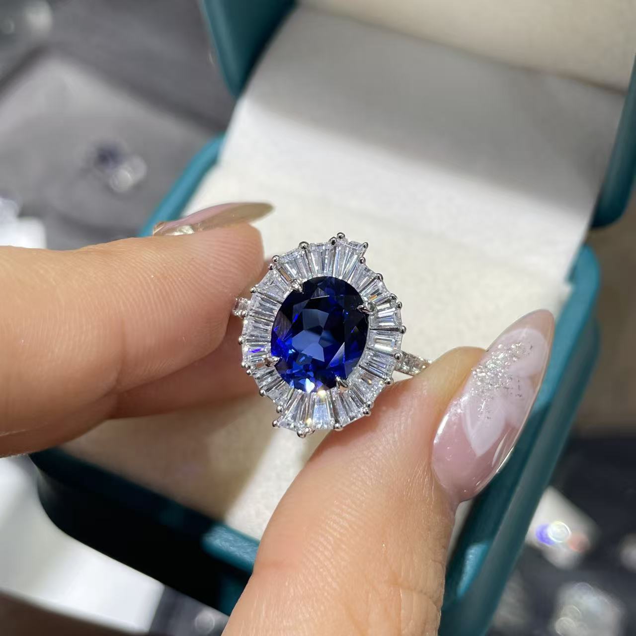 Oval Lab-Grown Sapphire Halo Ring, Blue Statement Ring, S925 Style product image
