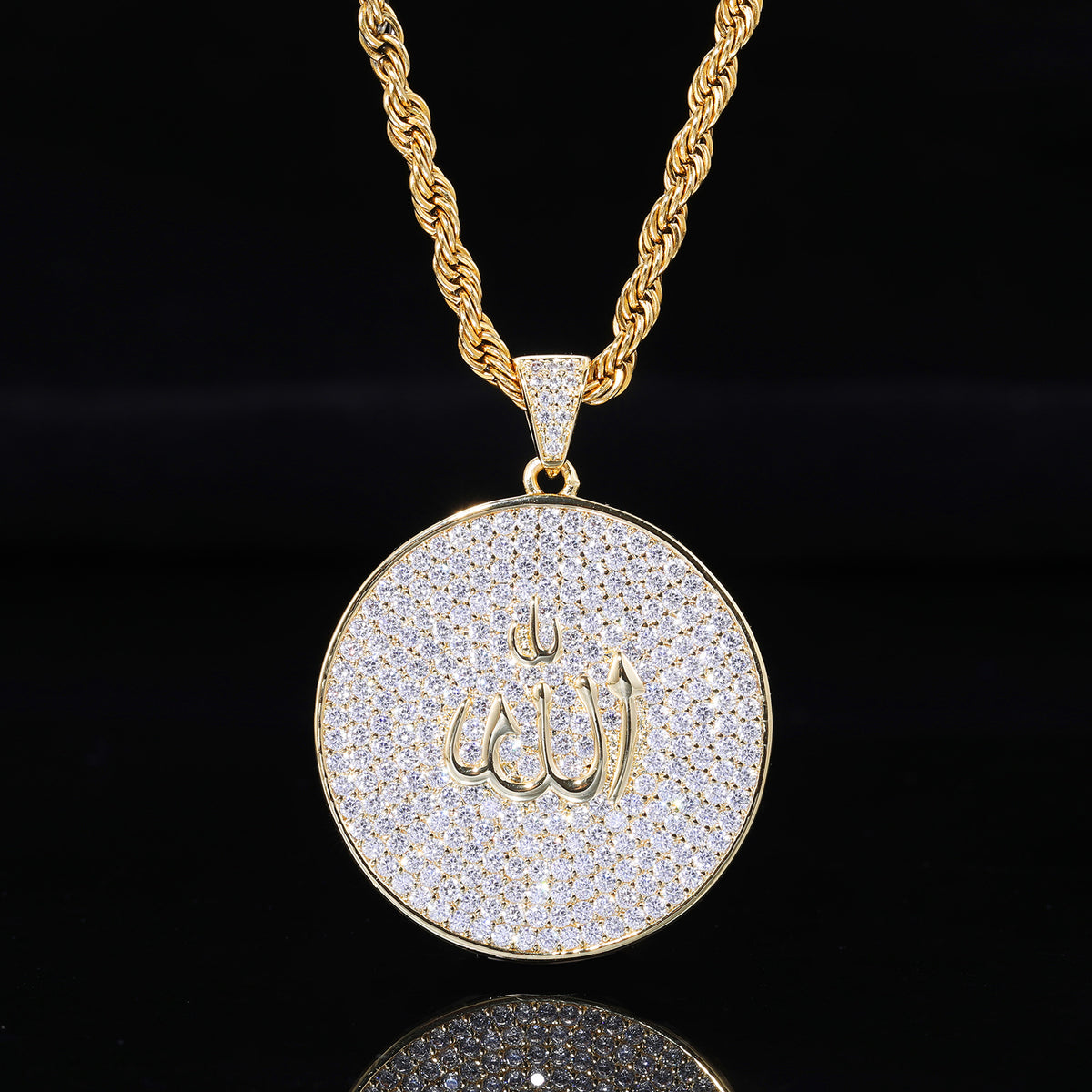 Arabic Calligraphy Zircon Pendant Necklace, Round Rope Chain Hip Hop Jewelry product image