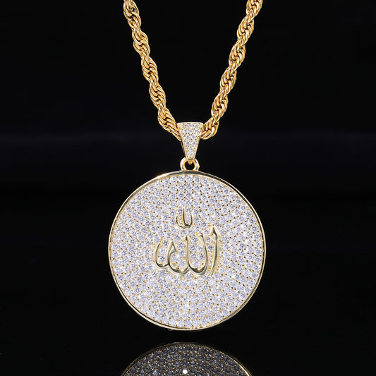 Arabic Calligraphy Zircon Pendant Necklace, Round Rope Chain Hip Hop Jewelry alternate product image