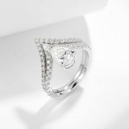 Pear-Shaped Moissanite Engagement Ring, S925 18k White Gold Plated V Pavé Ring for Women