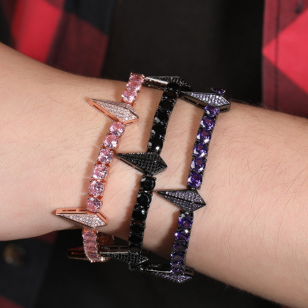 Men’s Iced Arrow Line Bracelet - Cubic Zirconia Copper Chain Bracelet in Gold, Silver, Pink, Black & Black Purple