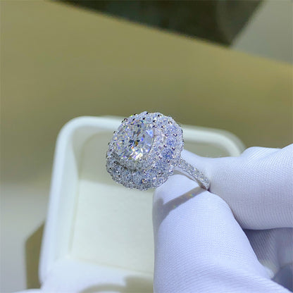 Moissanite Halo Ring for Women, Round Cut Engagement Ring, Double Halo Statement Ring, Sizes 9-20