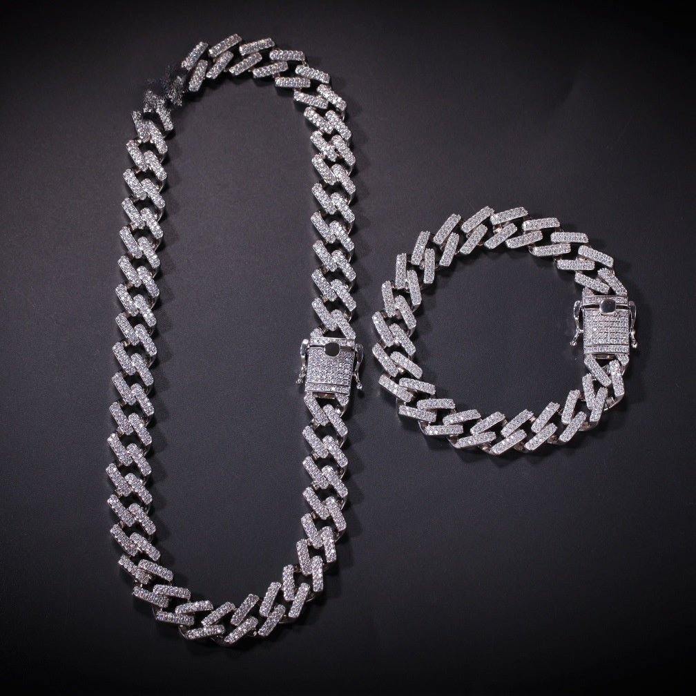 Iced Out Gold Plated Cuban Link Chain Necklace & Bracelet with Cubic Zirconia Statement Pendant-Style Design