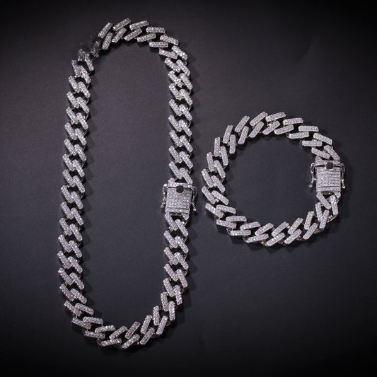Iced Out Gold Plated Cuban Link Chain Necklace & Bracelet with Cubic Zirconia Statement Pendant-Style Design