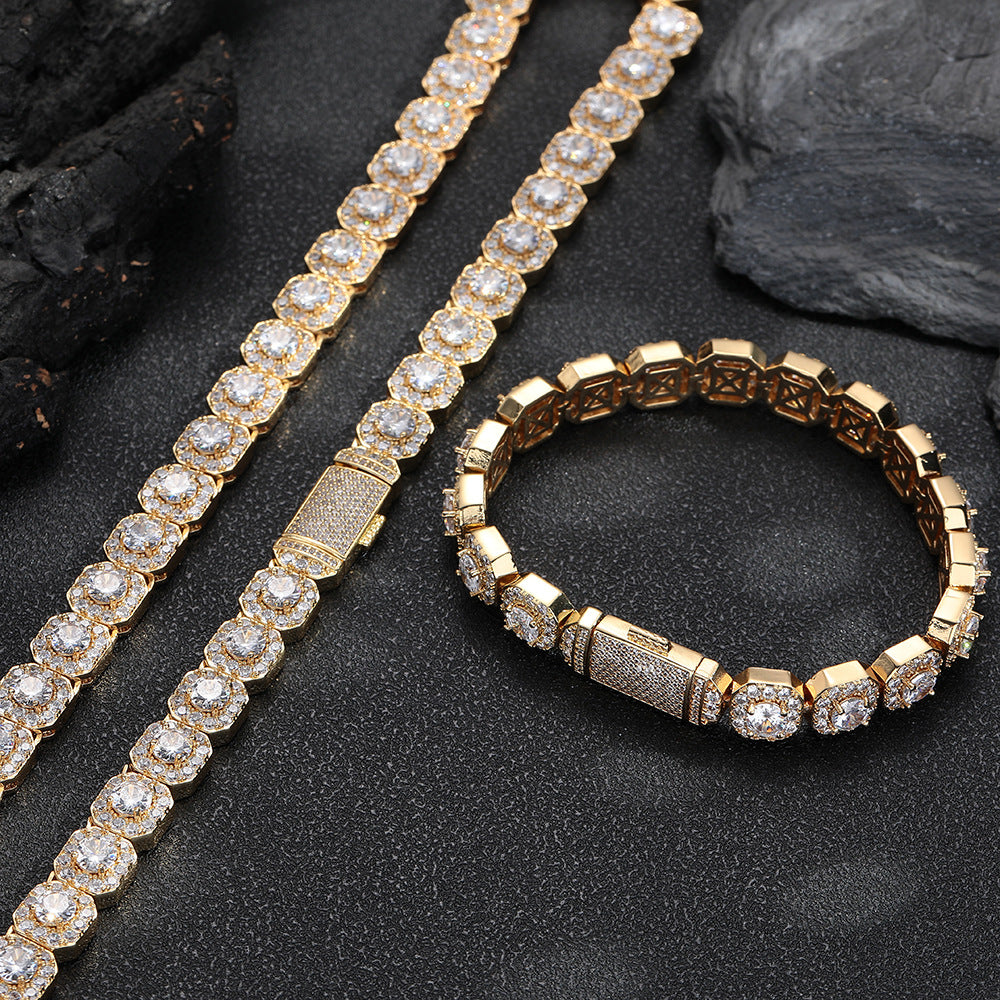 Iced Out Square Link Chain Bracelet & Necklace, Zircon Hip Hop Jewelry
