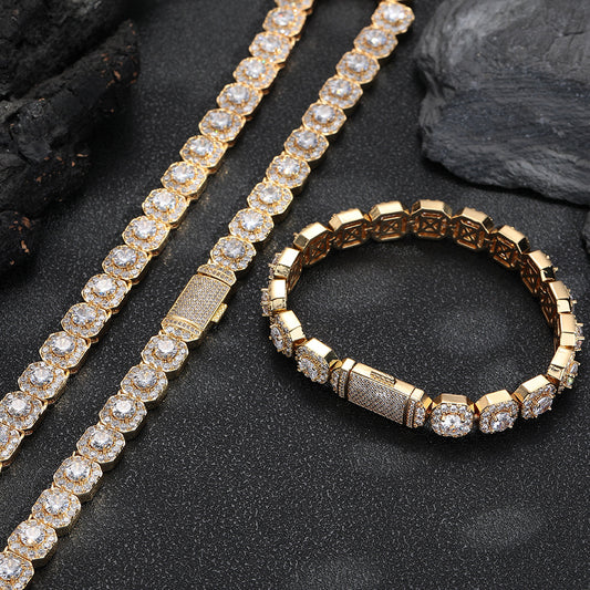 Iced Out Square Link Chain Bracelet & Necklace, Zircon Hip Hop Jewelry