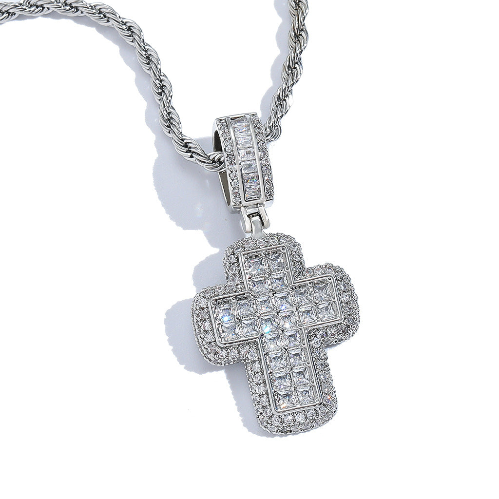 Hip Hop Light Luxury Cross Cubic Zirconia Pendant Necklace for Men and Women