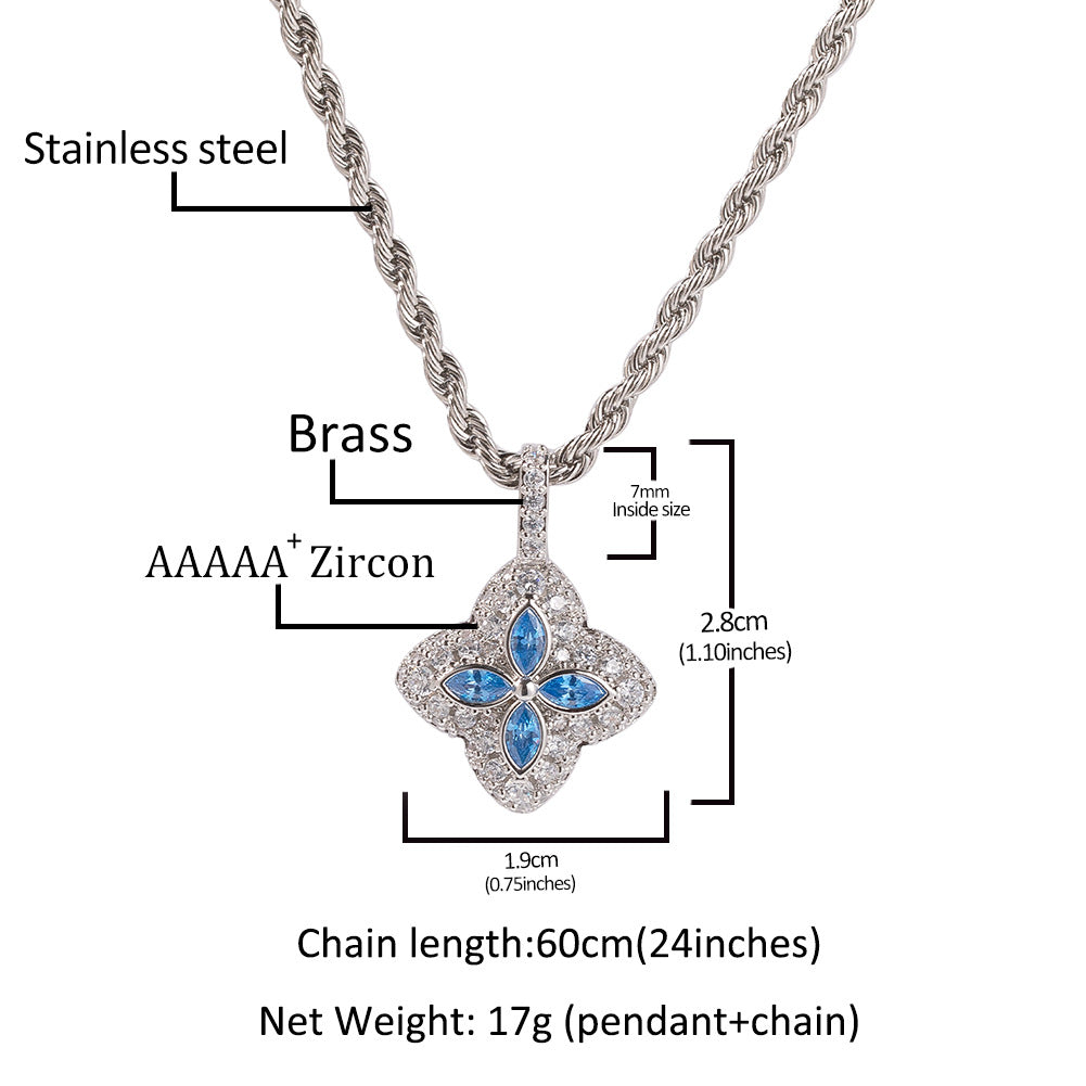 Silver Plated Flower Pendant Necklace with Cubic Zirconia on 24 Inch Twist Chain for Women