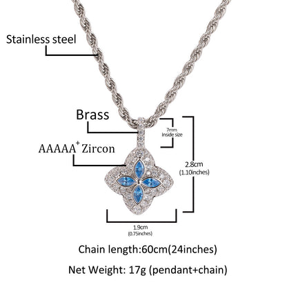 Silver Plated Flower Pendant Necklace with Cubic Zirconia on 24 Inch Twist Chain for Women