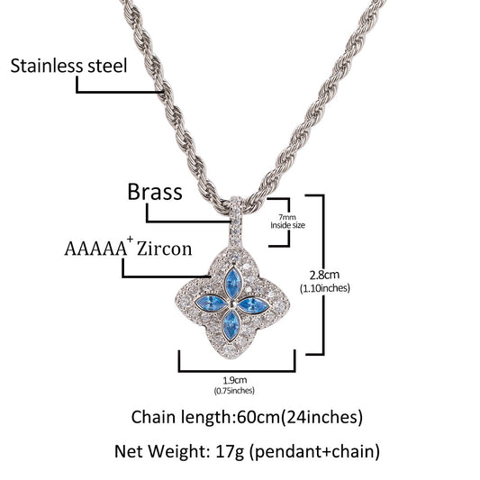 Silver Plated Flower Pendant Necklace with Cubic Zirconia on 24 Inch Twist Chain for Women