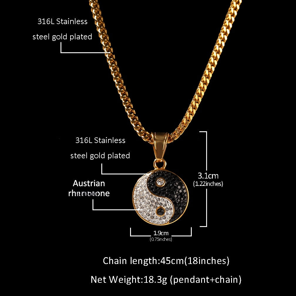 Gold Plated Stainless Steel Yin Yang Pendant Necklace with Crystal Round Charm Chain for Women and Men