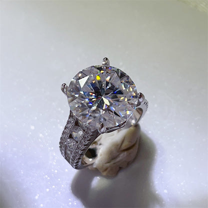 10 Carat Moissanite Ring with Triple Row Pavé Band, Round Statement Engagement Ring