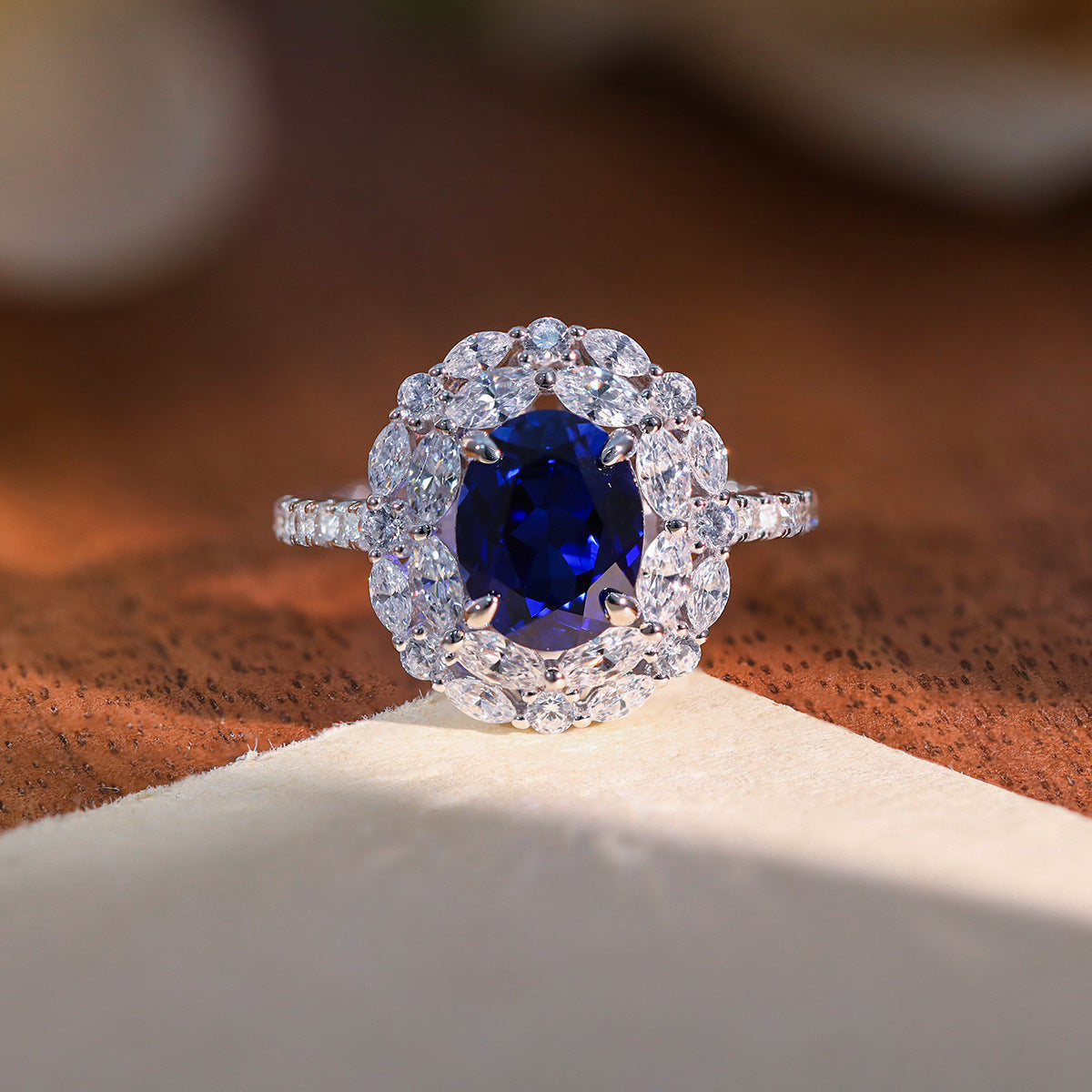 925 Silver Royal Blue Oval Halo Necklace Set with Stud Earrings and Ring product image