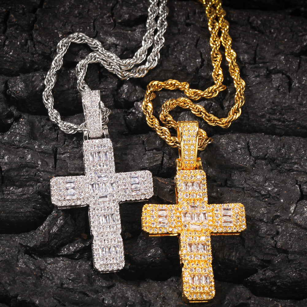 Unisex Iced Cross Pendant Necklace Stainless Steel Twisted Chain in Gold or Silver