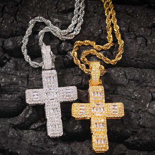 Unisex Iced Cross Pendant Necklace Stainless Steel Twisted Chain in Gold or Silver