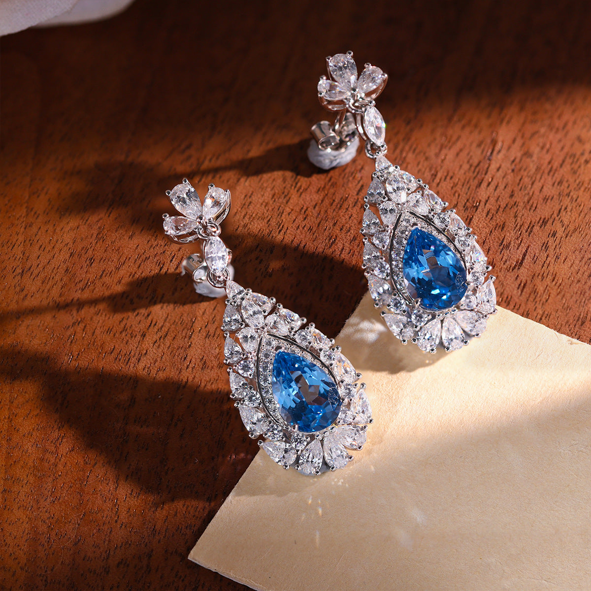 Blue Teardrop Drop Earrings, 925 Silver Crystal Halo Dangle Earrings product image