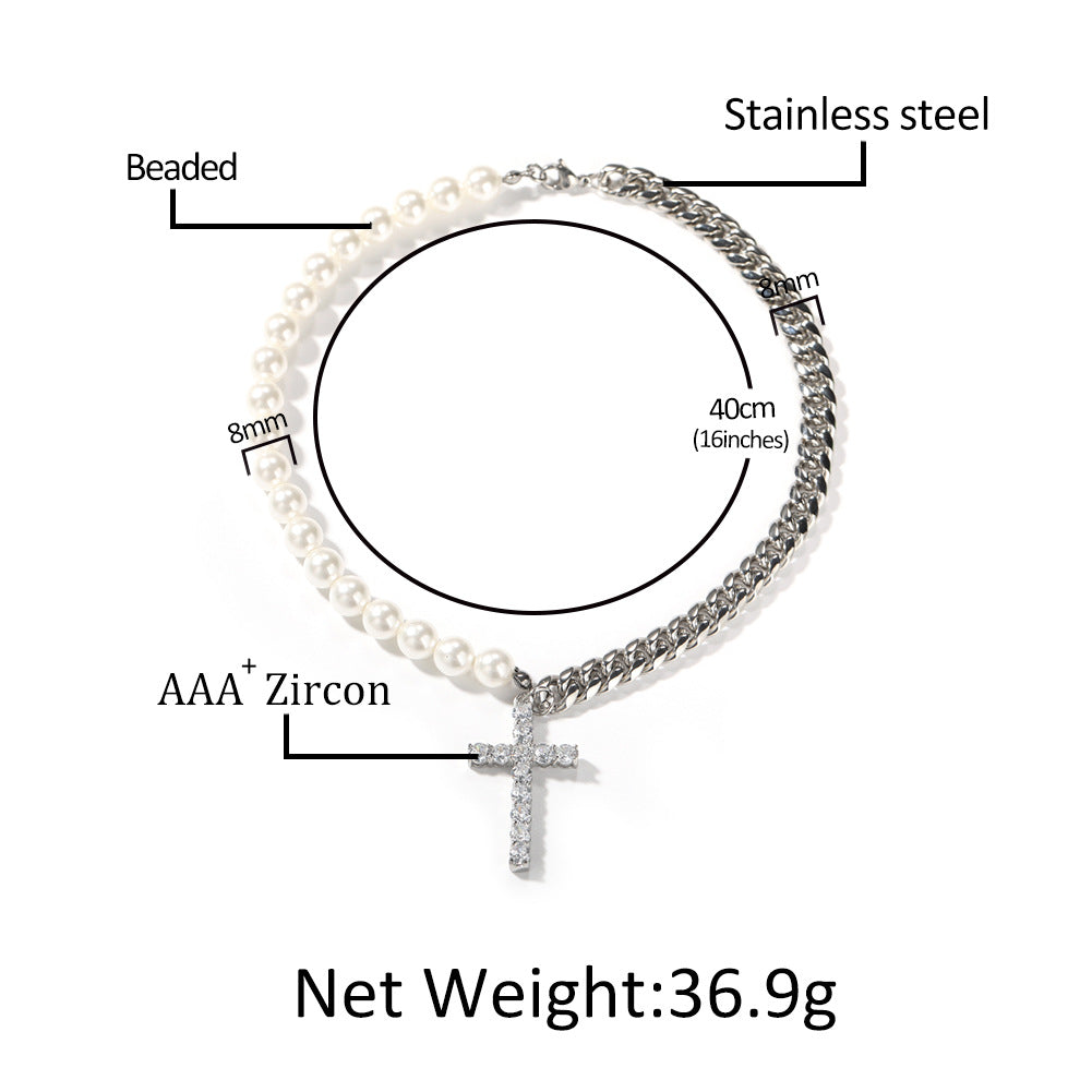 Unisex Pearl Chain Cross Pendant Necklace in Stainless Steel product image