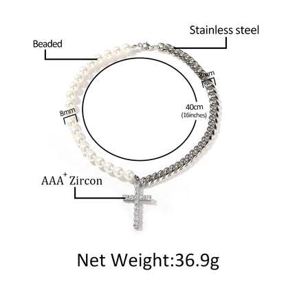 Unisex Pearl Chain Cross Pendant Necklace in Stainless Steel