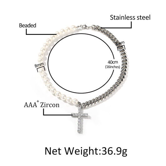 Unisex Pearl Chain Cross Pendant Necklace in Stainless Steel