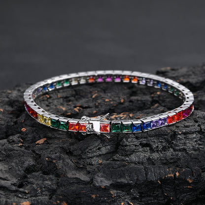 Multicolor Square Zirconia Tennis Chain Bracelet, Unisex Hip Hop Style