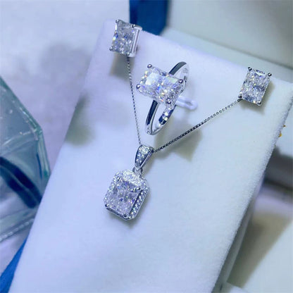 Radiant Cut Moissanite Jewelry Set Necklace Pendant Ring Stud Earrings for Women