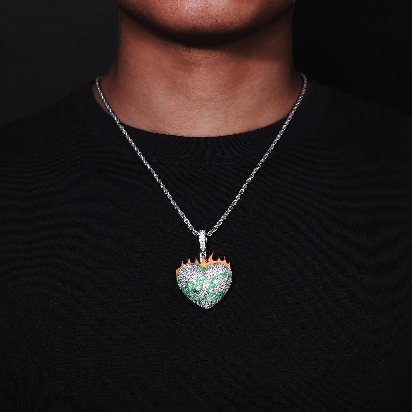 Iced Out Flaming Skull Heart Pendant Necklace for Men - Silver Tone Copper Hip Hop Chain with Cubic Zirconia product image
