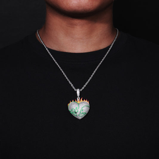 Iced Out Flaming Skull Heart Pendant Necklace for Men - Silver Tone Copper Hip Hop Chain with Cubic Zirconia alternate product image