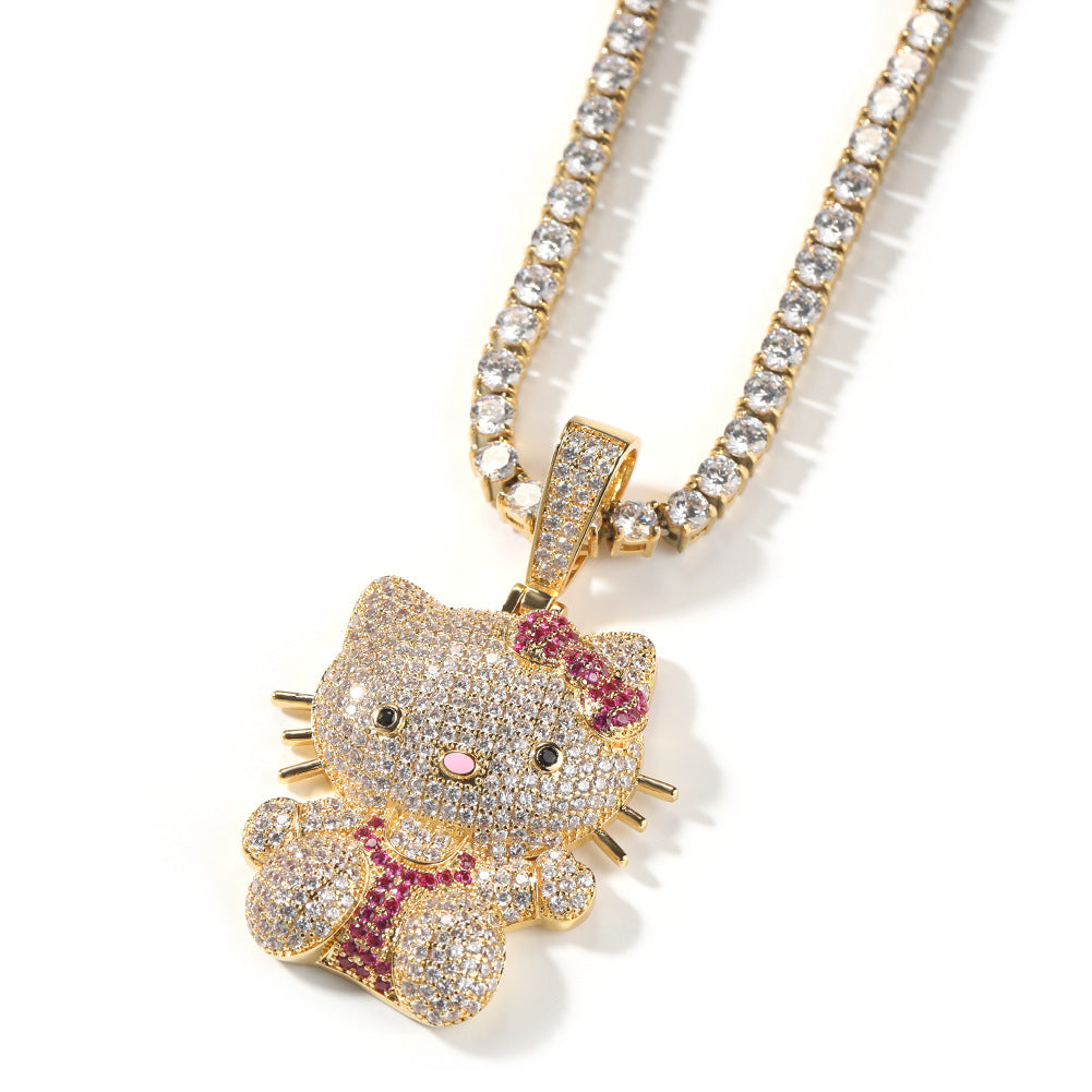 Cute Cat Pendant Necklace for Women with Crystal Detail, Silver Plated or Gold Plated 24 Inch Twisted Chain