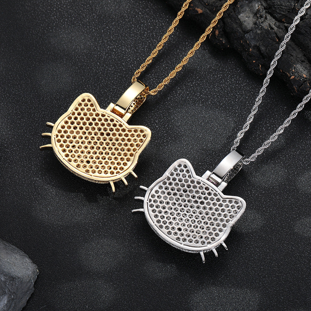 Cartoon Cat Face Rhinestone Pendant Necklace, Twisted Chain, Hip-Hop Style