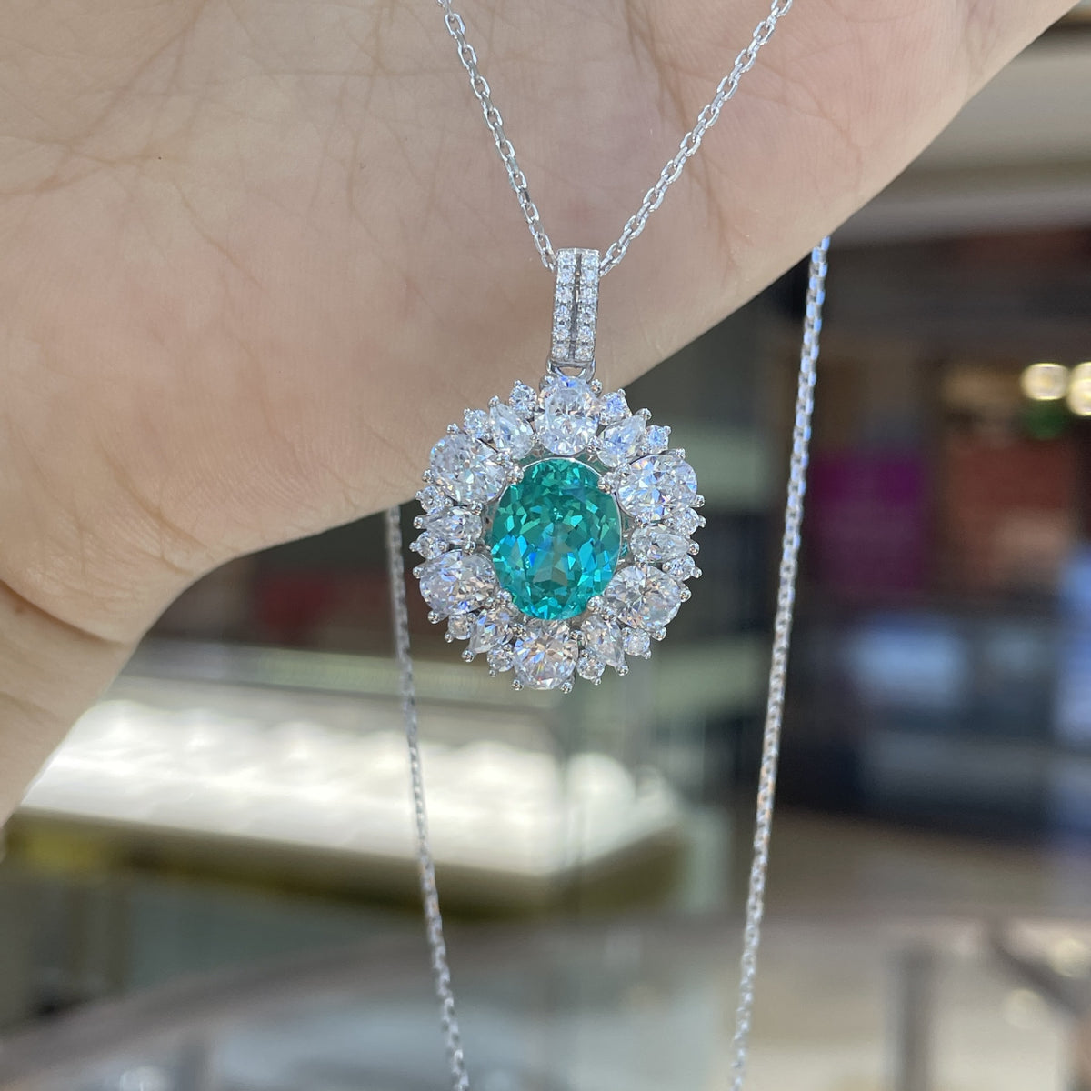 Oval Teal Halo Pendant Necklace, 925 Silver Chain, Elegant Gift Box Jewelry product image