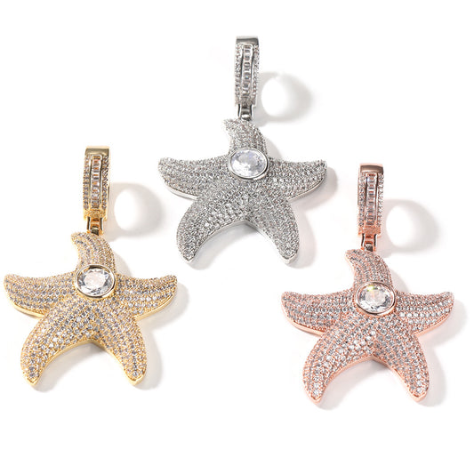 Iced Starfish Pendant Necklace with Twist Chain for Women & Men - Gold, Silver, Rose Gold Hip Hop Statement Jewelry