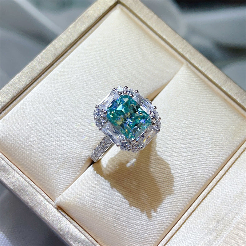 3 Carat Green Radiant Cut Moissanite Halo Ring for Women, Geometric Engagement Ring, Rectangular Statement Ring product image