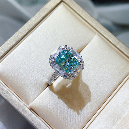 3 Carat Green Radiant Cut Moissanite Halo Ring for Women, Geometric Engagement Ring, Rectangular Statement Ring