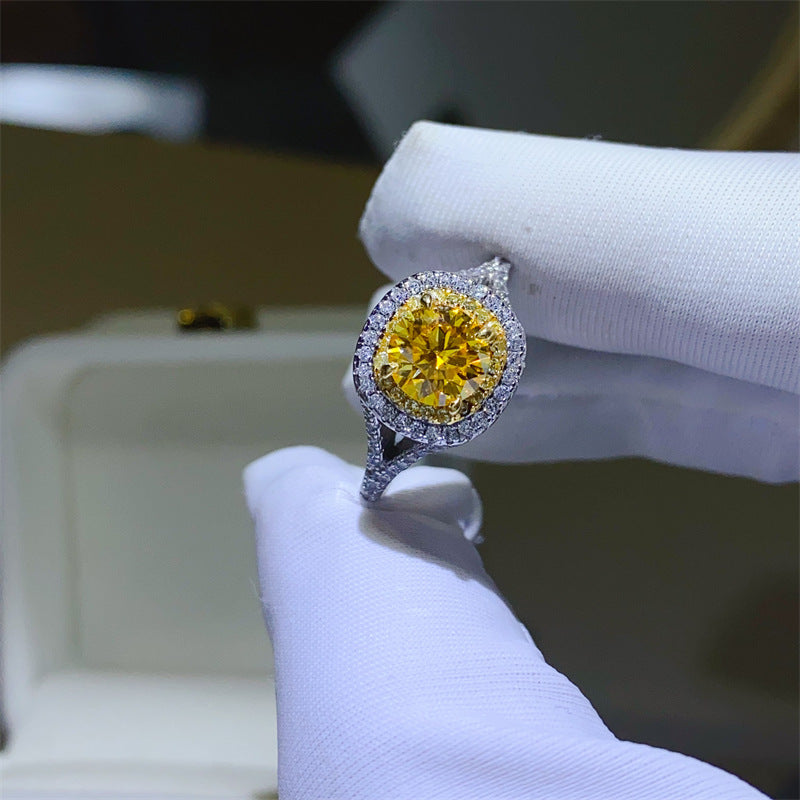 Yellow Moissanite Halo Ring for Women, Cushion Cut Engagement Ring Style, Geometric U-Shape Band product image